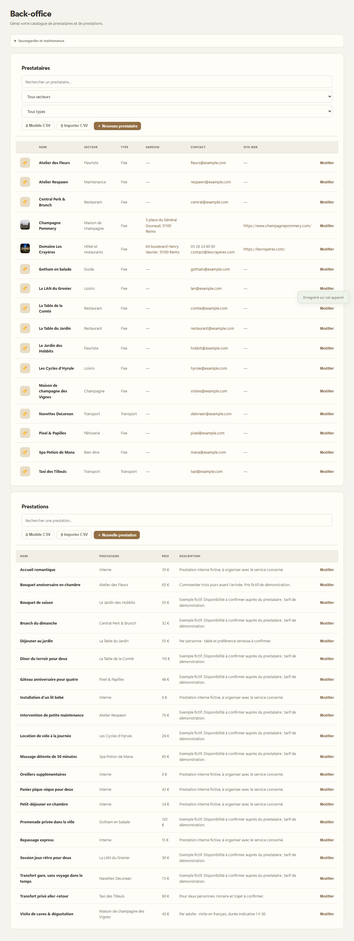 Catalogue des prestataires et prestations, avec recherche et ajout.