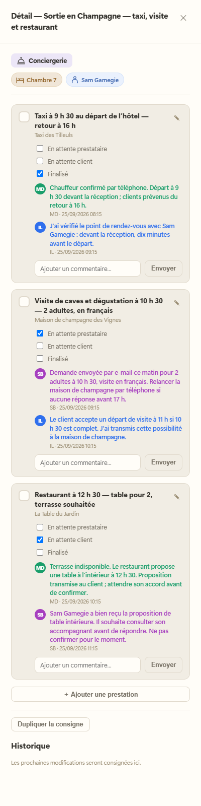 Trois prestations et trois suivis : taxi finalisé, visite en attente du prestataire, déjeuner en attente du client.