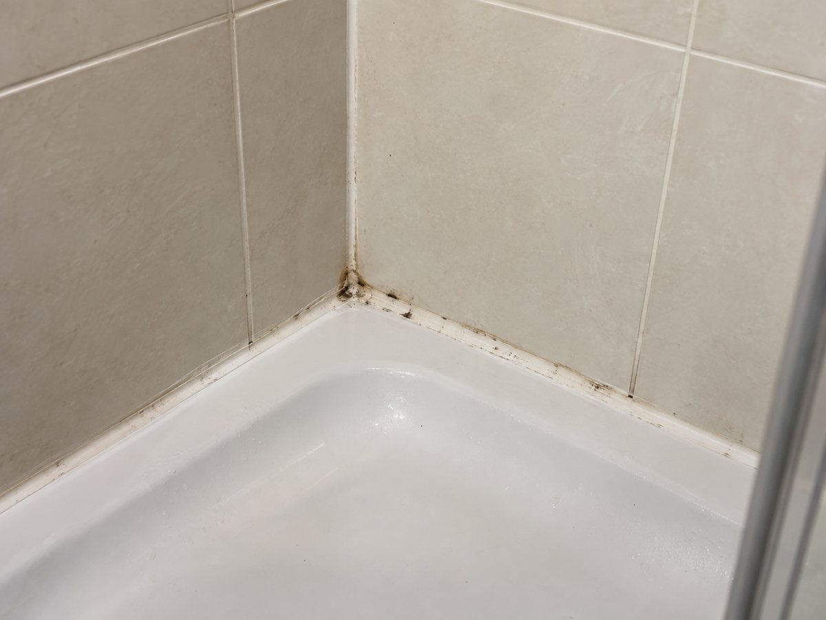 Photo fictive générée : traces sur les joints au bas d’une douche.