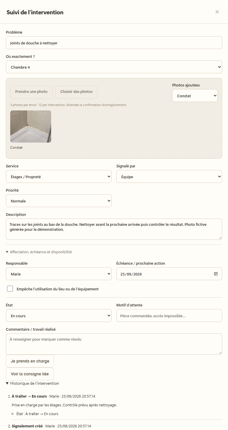 Fiche des joints : description, responsable, photo du constat et historique de prise en charge.