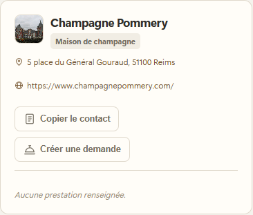 Fiche réelle de Champagne Pommery dans la conciergerie : photographie du domaine, adresse et lien vers le site officiel.