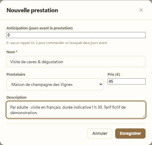 La visite de caves est associée à la Maison de champagne des Vignes, avec son prix et sa description.